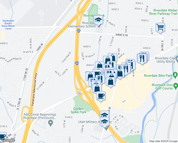 map of restaurants, bars, coffee shops, grocery stores, and more near 1232 4700 South in Riverdale