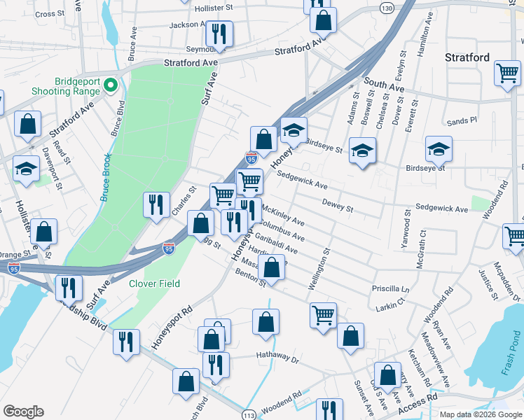 map of restaurants, bars, coffee shops, grocery stores, and more near 533 Honeyspot Road in Stratford