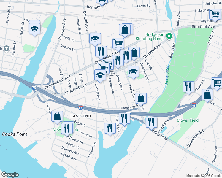 map of restaurants, bars, coffee shops, grocery stores, and more near 426 Union Avenue in Bridgeport