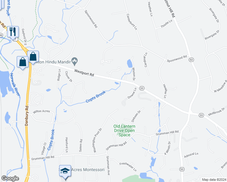 map of restaurants, bars, coffee shops, grocery stores, and more near 123 Westport Road in Wilton