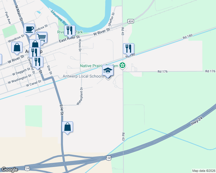 map of restaurants, bars, coffee shops, grocery stores, and more near 303 Harrmann Road in Antwerp