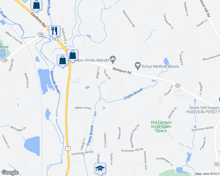 map of restaurants, bars, coffee shops, grocery stores, and more near 39 Clover Drive in Wilton