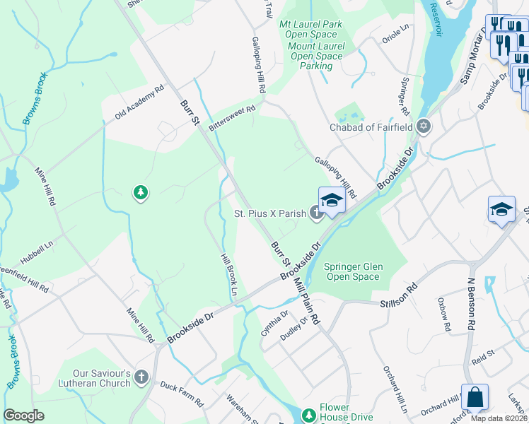 map of restaurants, bars, coffee shops, grocery stores, and more near 220 Burr Street in Fairfield