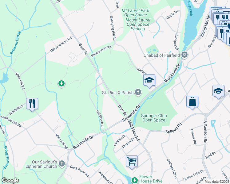 map of restaurants, bars, coffee shops, grocery stores, and more near 220 Burr Street in Fairfield