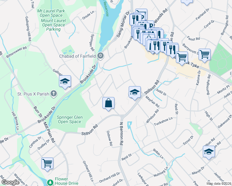 map of restaurants, bars, coffee shops, grocery stores, and more near 24 Valley View Place in Fairfield