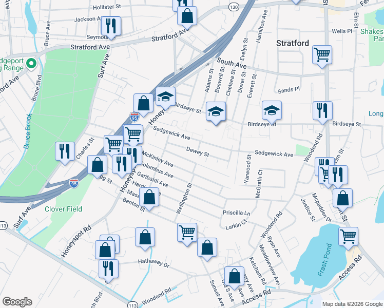 map of restaurants, bars, coffee shops, grocery stores, and more near 119 Dewey Street in Stratford