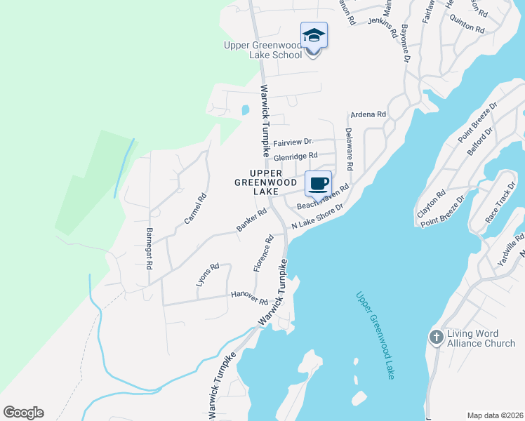 map of restaurants, bars, coffee shops, grocery stores, and more near 721 Warwick Turnpike in West Milford