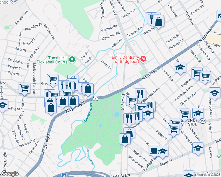 map of restaurants, bars, coffee shops, grocery stores, and more near 25 Cartright Street in Bridgeport