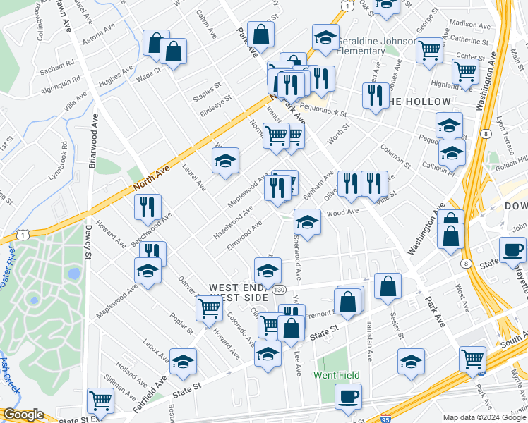 map of restaurants, bars, coffee shops, grocery stores, and more near 22 Elmwood Avenue in Bridgeport