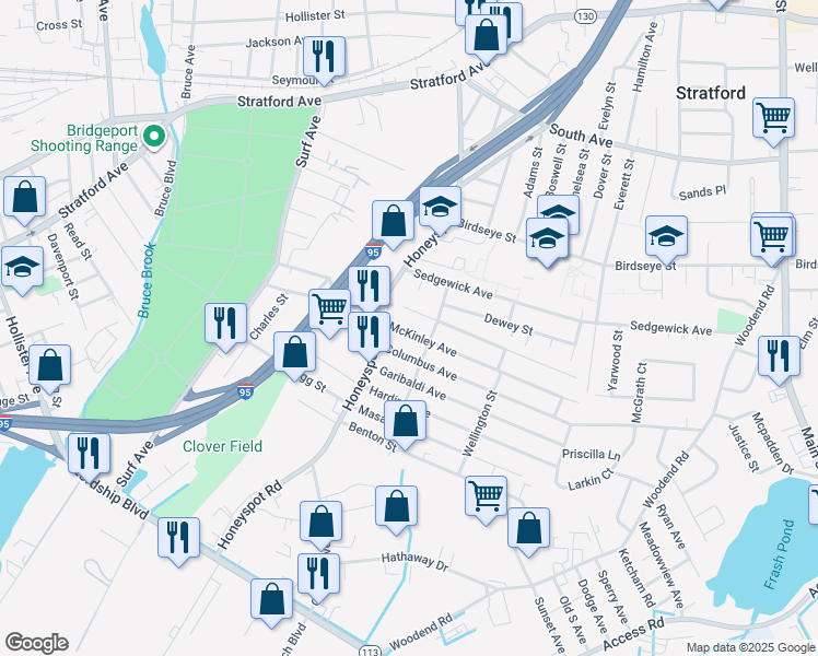 map of restaurants, bars, coffee shops, grocery stores, and more near 86 Roosevelt Avenue in Stratford
