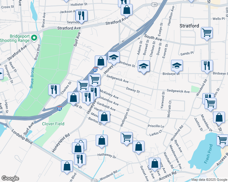 map of restaurants, bars, coffee shops, grocery stores, and more near 86 Roosevelt Avenue in Stratford