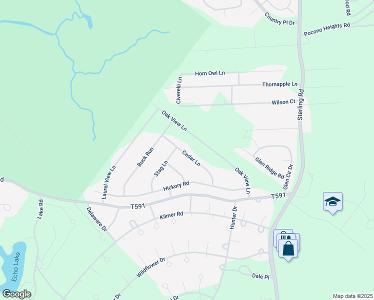map of restaurants, bars, coffee shops, grocery stores, and more near 3642 Cedar Lane in Tobyhanna