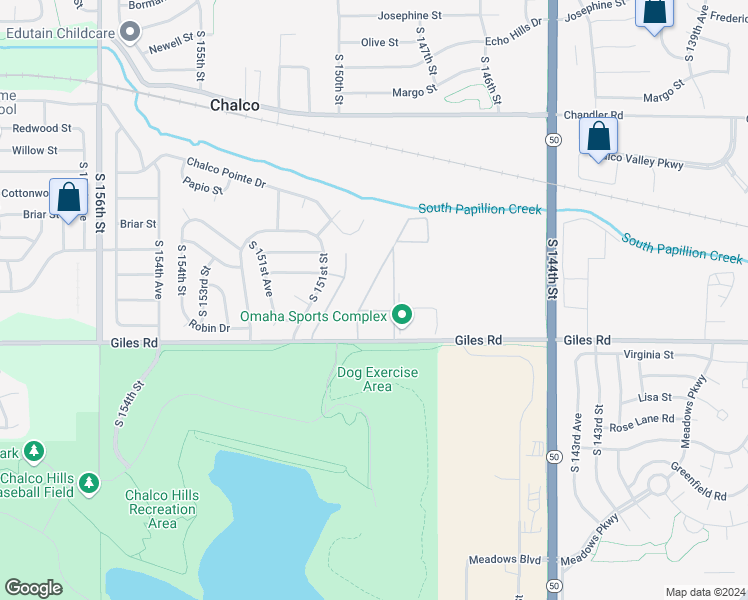 map of restaurants, bars, coffee shops, grocery stores, and more near 14826 Giles Road in Omaha