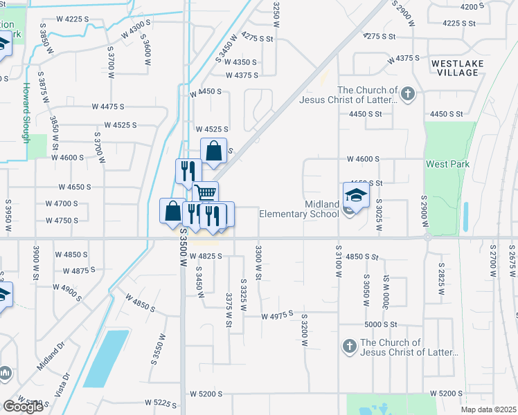 map of restaurants, bars, coffee shops, grocery stores, and more near South 3300 West in Roy