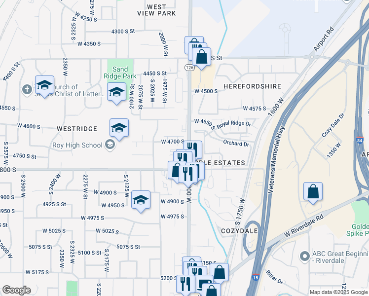 map of restaurants, bars, coffee shops, grocery stores, and more near in Roy