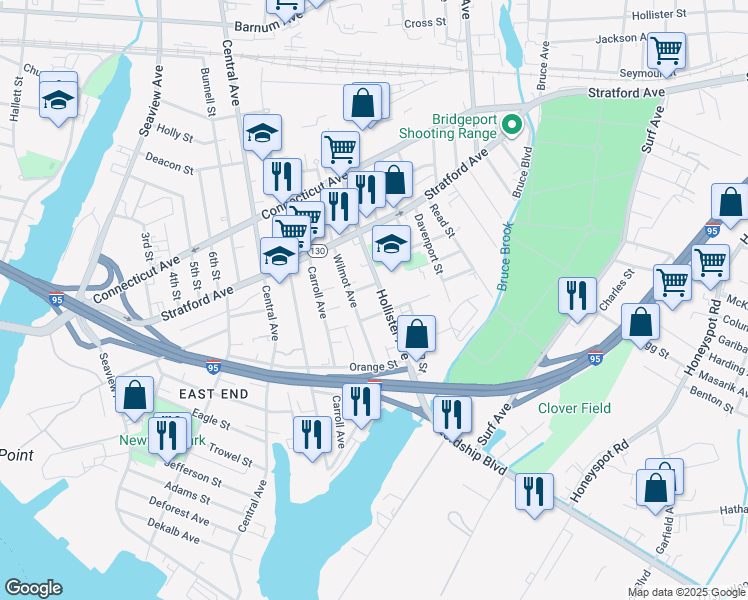 map of restaurants, bars, coffee shops, grocery stores, and more near 233-239 Hollister Avenue in Bridgeport