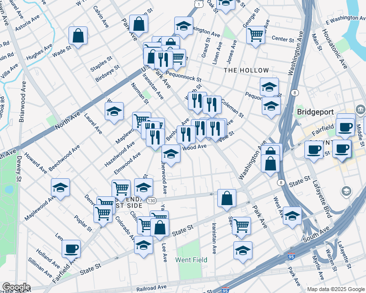 map of restaurants, bars, coffee shops, grocery stores, and more near 682 Norman Street in Bridgeport