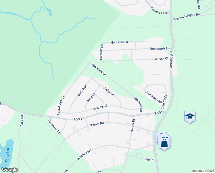 map of restaurants, bars, coffee shops, grocery stores, and more near 3642 Cedar Lane in Tobyhanna