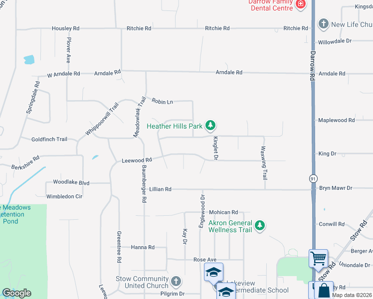 map of restaurants, bars, coffee shops, grocery stores, and more near 1582 Bobwhite Trail in Stow