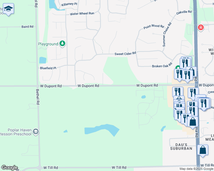 map of restaurants, bars, coffee shops, grocery stores, and more near 2630 West Dupont Road in Fort Wayne