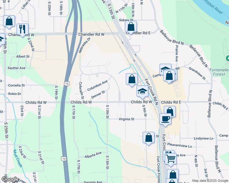 map of restaurants, bars, coffee shops, grocery stores, and more near 1105 Denver Street in Bellevue