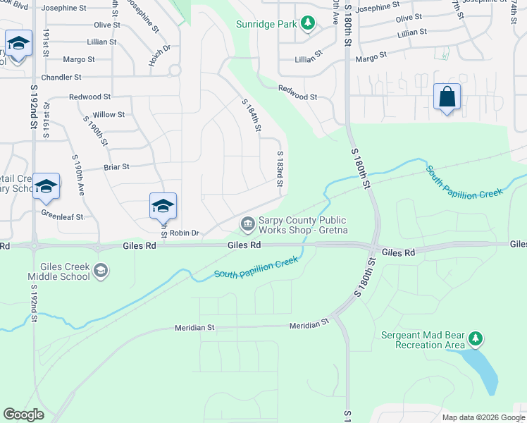 map of restaurants, bars, coffee shops, grocery stores, and more near 18450 Greenleaf Street in Omaha