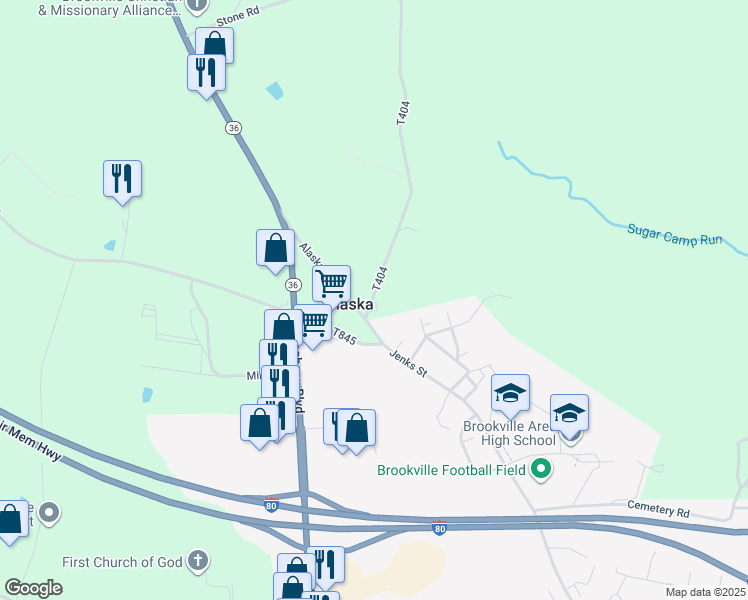 map of restaurants, bars, coffee shops, grocery stores, and more near Hughey Road in Brookville
