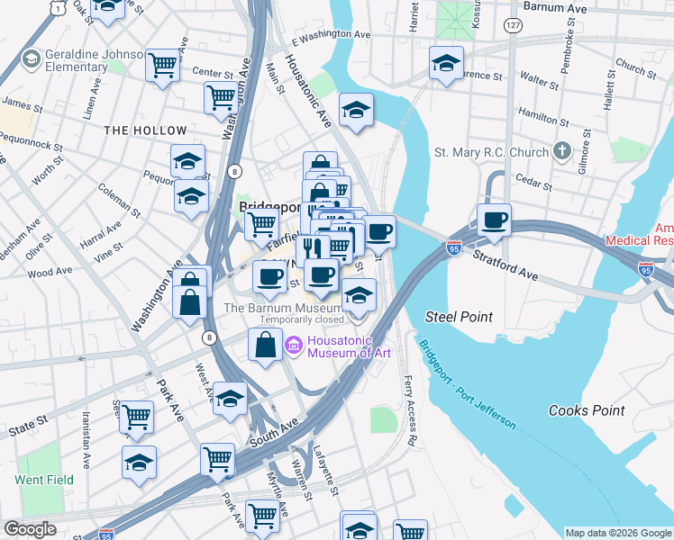 map of restaurants, bars, coffee shops, grocery stores, and more near 991 Main Street in Bridgeport