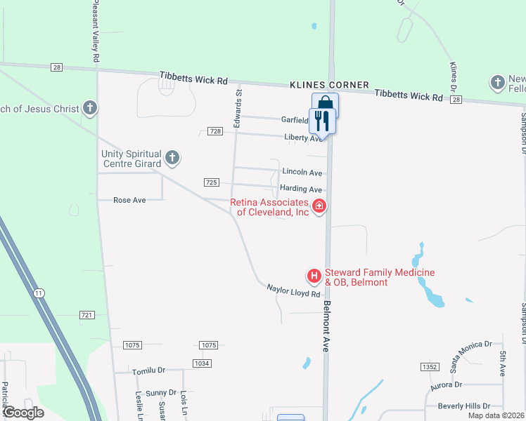 map of restaurants, bars, coffee shops, grocery stores, and more near 1659 Wilson Avenue in Girard