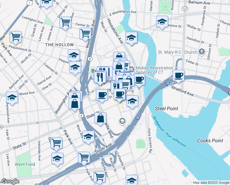 map of restaurants, bars, coffee shops, grocery stores, and more near 1042 Broad Street in Bridgeport