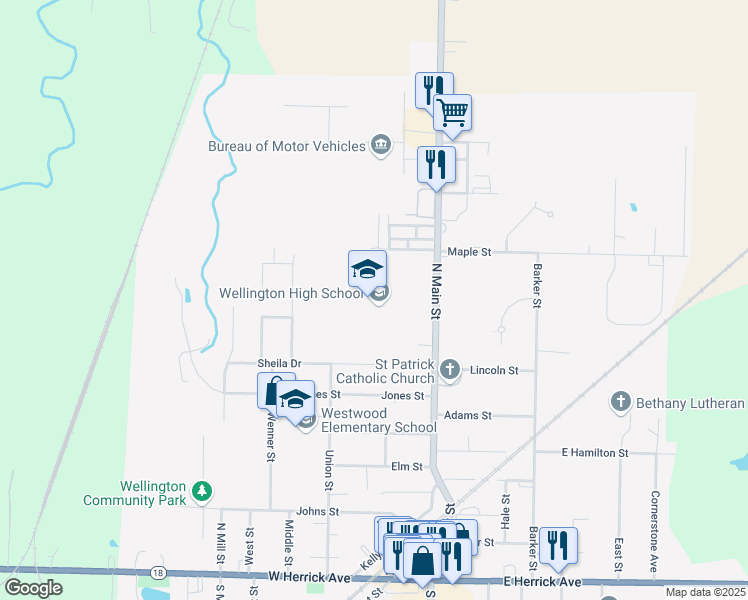 map of restaurants, bars, coffee shops, grocery stores, and more near 629 North Main Street in Wellington