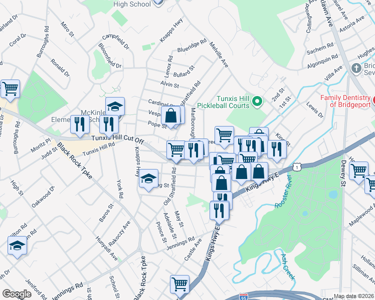 map of restaurants, bars, coffee shops, grocery stores, and more near 361 Greenfield Street in Fairfield