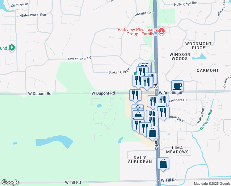 map of restaurants, bars, coffee shops, grocery stores, and more near 2149 West Dupont Road in Fort Wayne