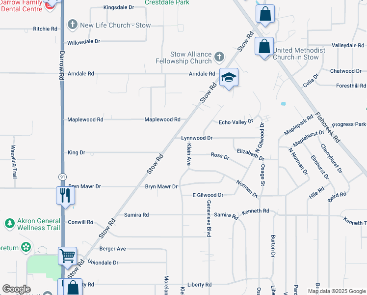 map of restaurants, bars, coffee shops, grocery stores, and more near 2162 Lynnwood Drive in Stow