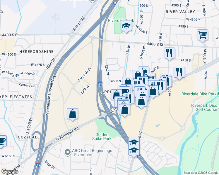 map of restaurants, bars, coffee shops, grocery stores, and more near 1232 4700 South in Riverdale