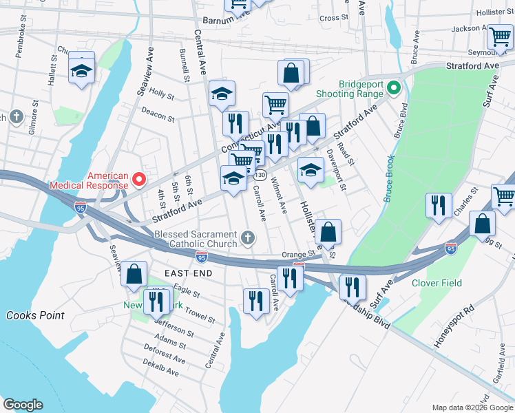 map of restaurants, bars, coffee shops, grocery stores, and more near 426 Union Avenue in Bridgeport