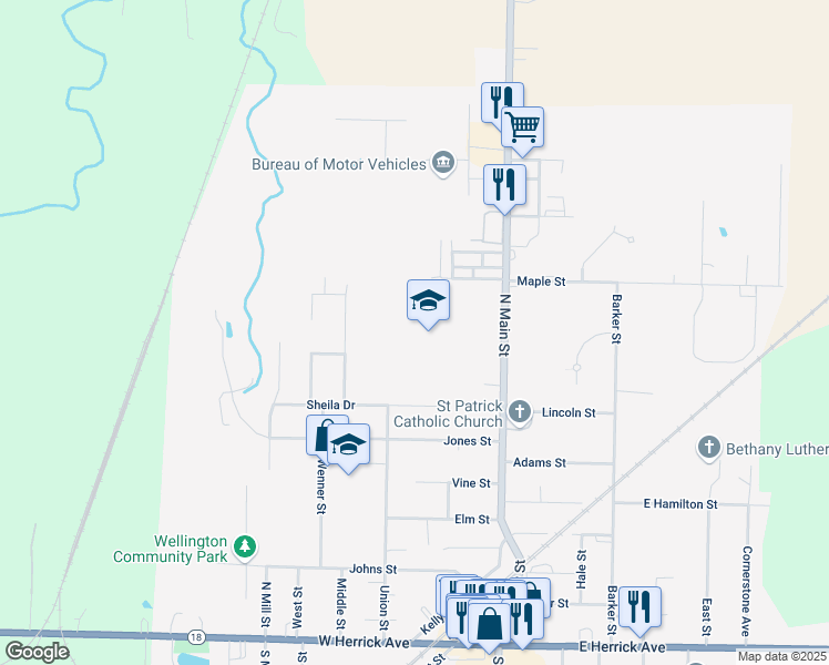 map of restaurants, bars, coffee shops, grocery stores, and more near 629 North Main Street in Wellington