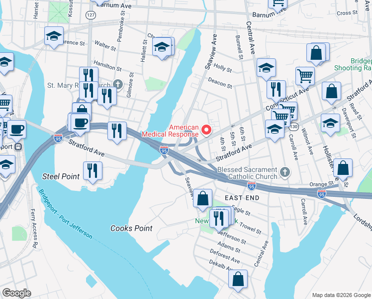 map of restaurants, bars, coffee shops, grocery stores, and more near 249 Connecticut Avenue in Bridgeport