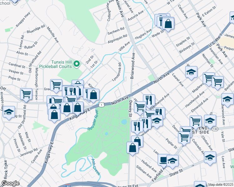 map of restaurants, bars, coffee shops, grocery stores, and more near 25 Cartright Street in Bridgeport