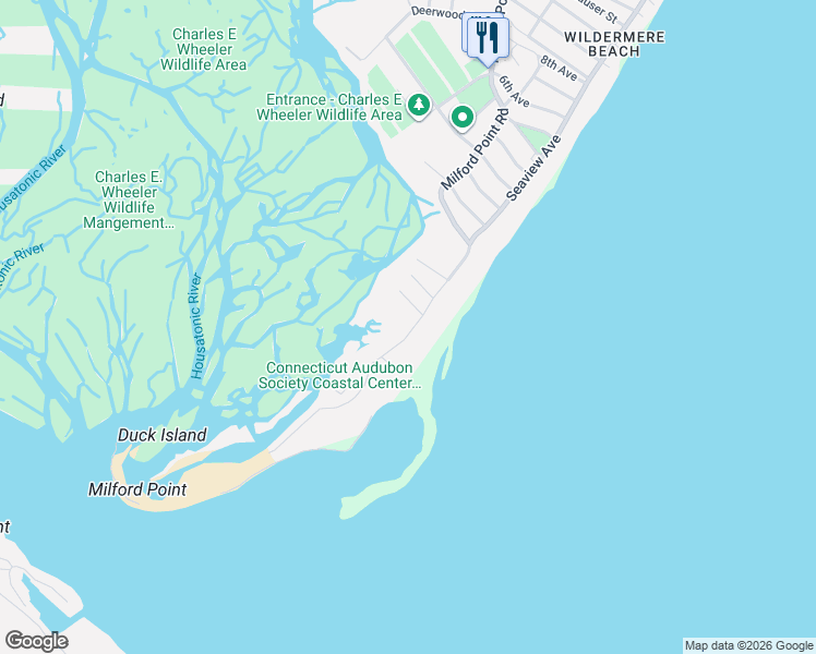 map of restaurants, bars, coffee shops, grocery stores, and more near 50 Milford Point Road in Milford