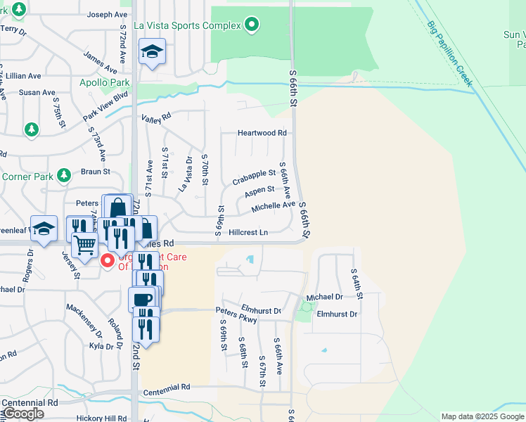 map of restaurants, bars, coffee shops, grocery stores, and more near 6726 Michelle Avenue in La Vista