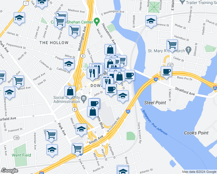 map of restaurants, bars, coffee shops, grocery stores, and more near in Bridgeport