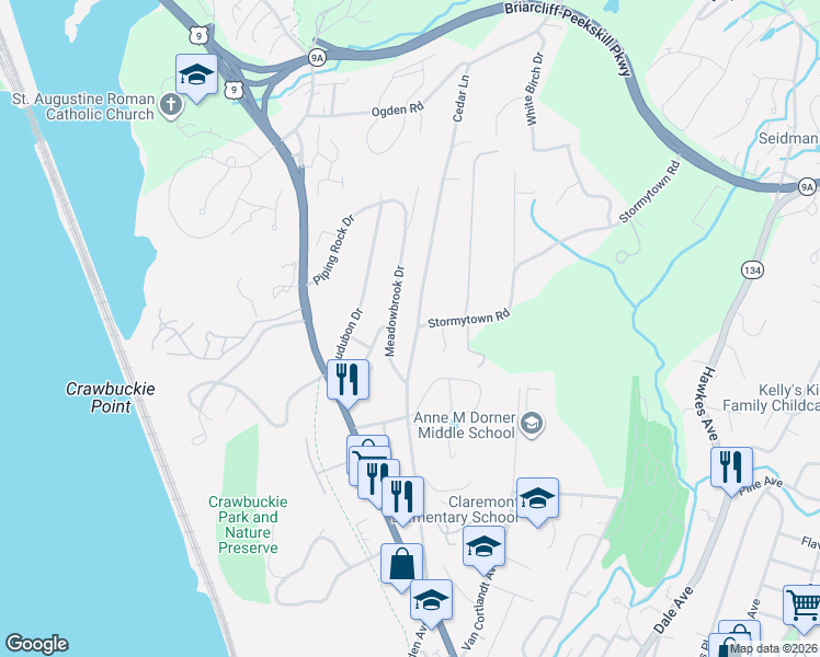map of restaurants, bars, coffee shops, grocery stores, and more near 133 Cedar Lane in Ossining