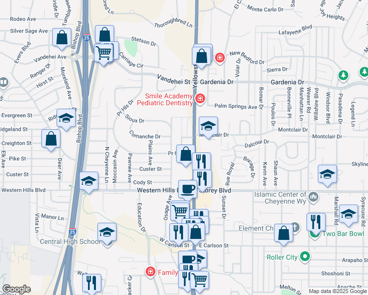 map of restaurants, bars, coffee shops, grocery stores, and more near 6329 Main Street in Cheyenne