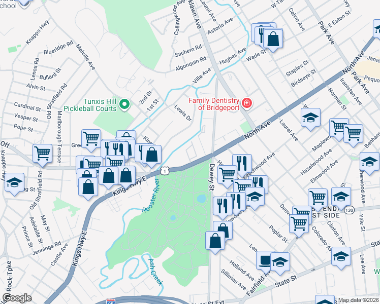 map of restaurants, bars, coffee shops, grocery stores, and more near 25 Cartright Street in Bridgeport