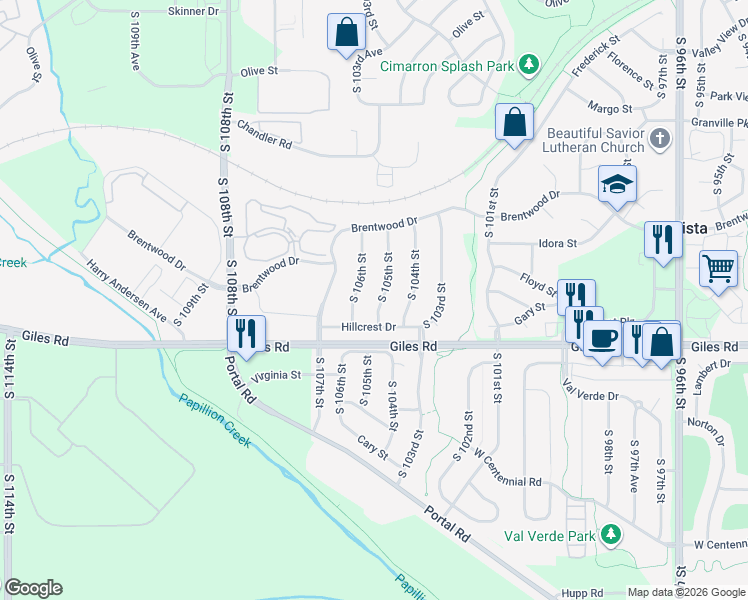 map of restaurants, bars, coffee shops, grocery stores, and more near 8212 South 105th Street in La Vista
