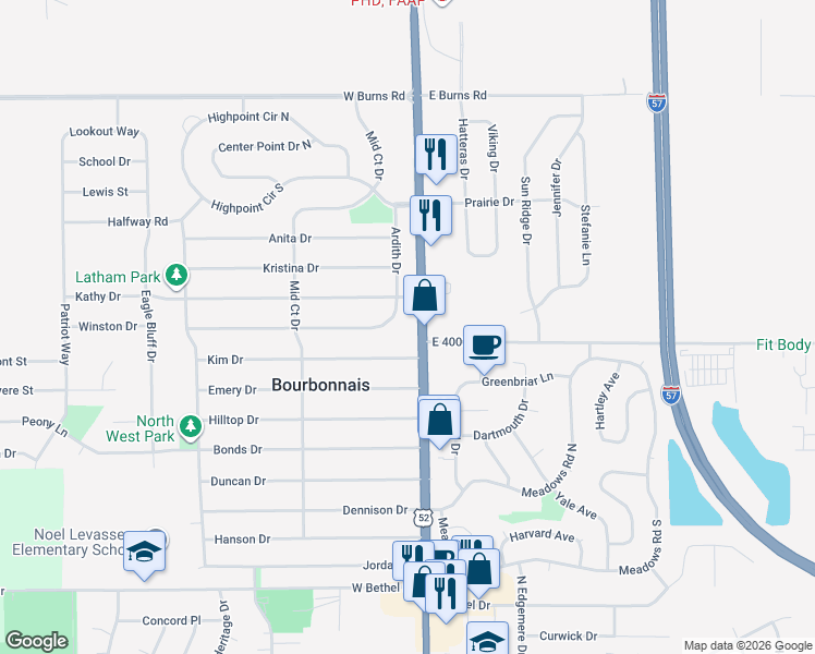 map of restaurants, bars, coffee shops, grocery stores, and more near 1401 North Convent Street in Bourbonnais