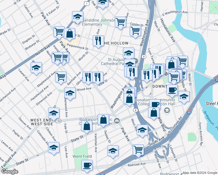 map of restaurants, bars, coffee shops, grocery stores, and more near 76 Washington Terrace in Bridgeport