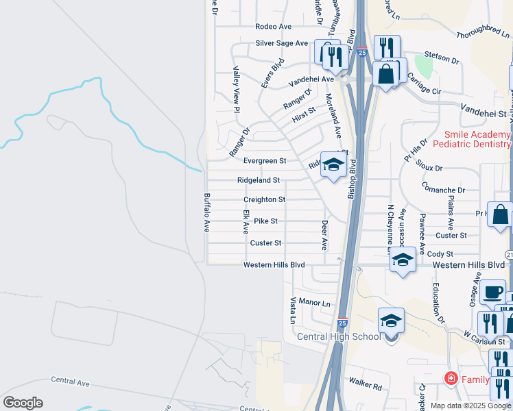 map of restaurants, bars, coffee shops, grocery stores, and more near 828 Creighton Street in Cheyenne