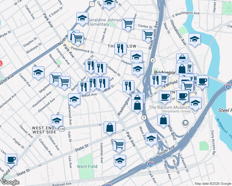 map of restaurants, bars, coffee shops, grocery stores, and more near 129 Washington Terrace in Bridgeport